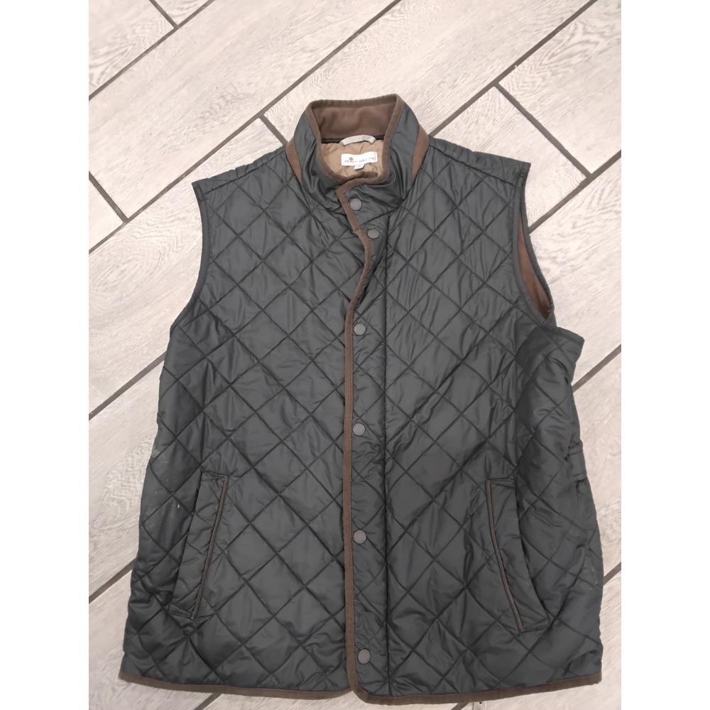 Peter Millar Essex Quilted Vest Mens XL Gray Brown Trim Snap Front Bottle Opener